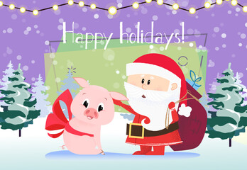 Happy holidays greeting card design. Cute pig and Santa Claus with sack ready for giving gifts. Night snowy forest in background. Template can be used for banners, posters, postcards