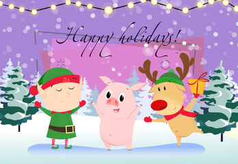 Obraz premium Happy holidays greeting card design. Cartoon pig, reindeer with gift and elf dancing. Night snowy forest in background. Template can be used for banners, posters, postcards