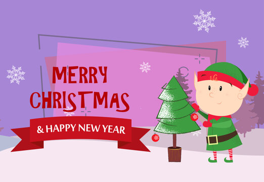 Merry Christmas and Happy New Year pink postcard with elf. Illustration of elf near fir tree on abstract background with winter forest. Can be used for postcards, greeting cards, leaflets