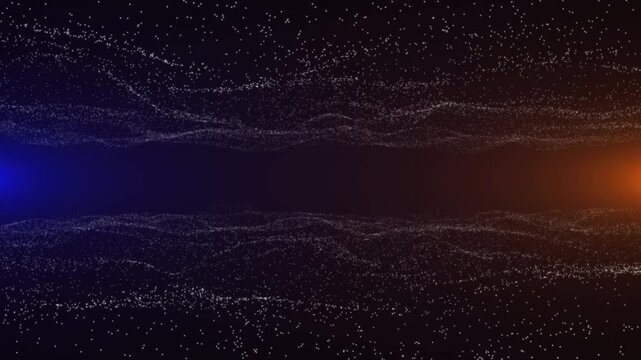Through a horizontal tunnel of two surfaces of wandering particles between the blue and yellow light sources. Seamless looping animation..
