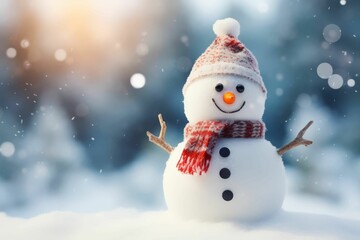 Merry christmas and happy new year greeting card with copy-space.Happy snowman standing In the middle in christmas landscape.Snow background.Winter fairytale