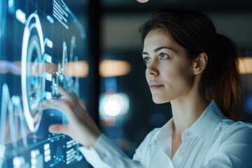 Young businesswoman intently analyzing data on a digital touchscreen interface, with graphs and analytics displayed in a high-tech environment.