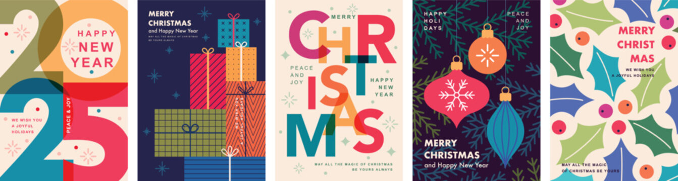 Christmas Minimalist card set - abstract Holidays flyers. Lettering with Christmas and New Year decorative elements. Vector illustration.