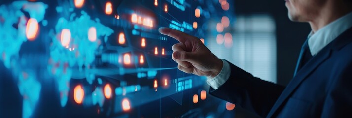 Businessman pointing at digital world map interface with data and network icons in futuristic workspace