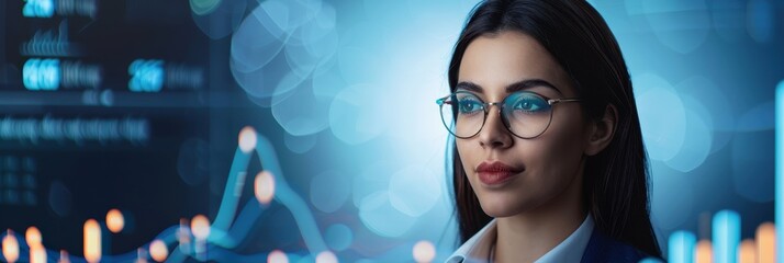 Confident female data scientist with glasses analyzing graphs on digital screen in high-tech setting