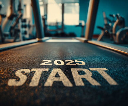 2025 marks the beginning of a new year. A treadmill runner at a fitness club. Healthy lifestyle, gym