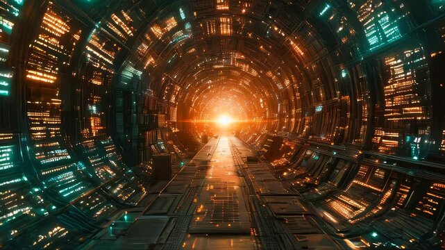 A futuristic tunnel illuminated with bright orange and teal lights, creating a high-tech, sci-fi ambiance with a warm, glowing exit point