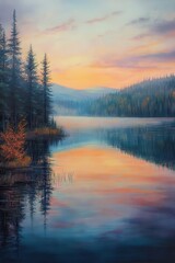 Fototapeta premium Serene Lake at Sunset with Reflections of Pine Trees and Mountains in a Tranquil Autumn Landscape