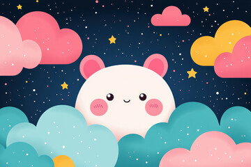 Cute kawaii illustration of a smiling round character with pink cheeks and ears, surrounded by colorful clouds and stars in a night sky background.
