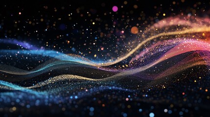 黒い背景と虹色に輝くキラキラした粒子が波の様に舞うCG画像