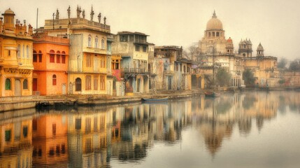 Naklejka premium Serene Early Morning View of Tranquil Lake Landscape