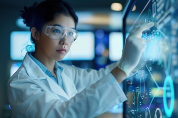 Female scientist wearing safety goggles and gloves, interacting with a digital screen displaying scientific data in a high-tech laboratory setting.