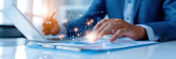 Business Professional Analyzing Data on Tablet with Digital Interface Overlay in Office