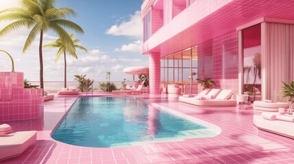 Fototapeta premium Vibrant pink pool area with Barbiecore style in a 3D illustration, featuring glossy pink tiles, palm trees, and retro-inspired decor
