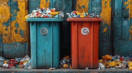 close-up of a brightly colored recycling bin beside a traditional garbage bin, both overflowing with mixed waste, emphasizing the importance of recycling and environmental responsibility