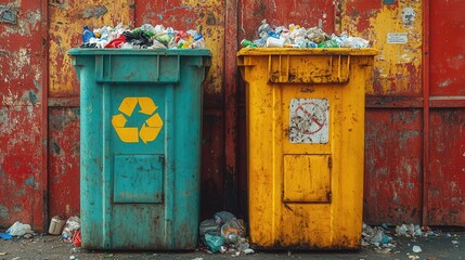 close-up of a brightly colored recycling bin beside a traditional garbage bin, both overflowing with mixed waste, emphasizing the importance of recycling and environmental responsibility