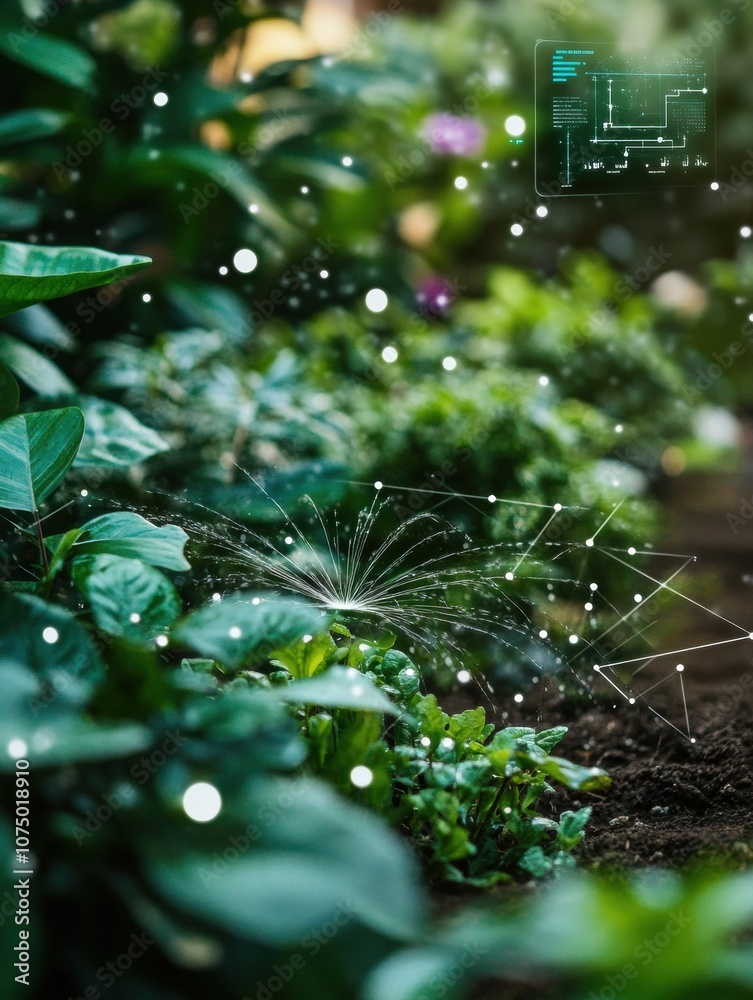 Poster a vibrant garden features automated sprinklers and soil sensors, ensuring optimal growth and hydrati