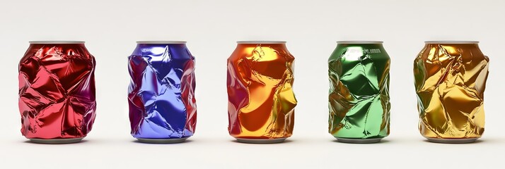 Vibrant Crumpled Soda Cans in Vivid Colors on a White Background. AI generated illustration