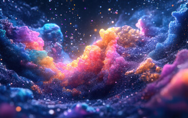 Obraz premium Vivid abstract cosmic cloudscape with vibrant colors and glowing particles in a nebulous space setting, offering a mesmerizing visual experience.