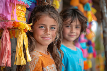 Fototapeta premium Generative AI Image of a Smiling Child in Colorful Traditional Costume at a Festive Holiday Celebration