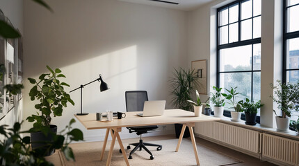 The workspace is filled with natural light through large windows, showcasing a desk with a laptop, chair, and various potted plants for a refreshing atmosphere