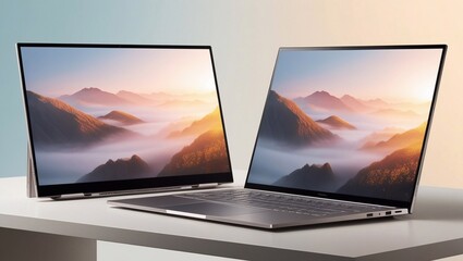 Fototapeta premium Extended screen laptops, a seamless workspace with stunning wallpapers