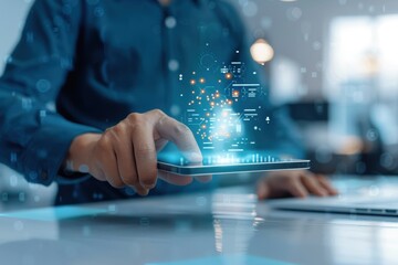 Person Using Tablet with Digital Holographic Interface Representing Technology and Innovation