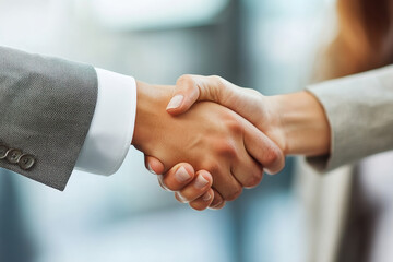 Business people shaking hands in office: agreement and partnership