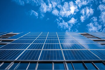 Obraz premium A building facade covered in solar panels against a bright blue sky with white clouds.
