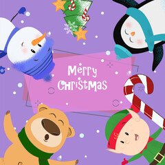 Fototapeta premium Merry Christmas banner design with cute cartoons. Inscription with penguin, bear, elf and snowman on purple background. Can be used for postcards, invitations, greeting cards