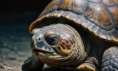 A close-up of a turtle's head, its dark, wrinkled skin and large, round eyes stand out against the black background