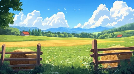 Obraz premium Serene farm setting with a wooden fence, hay bales, and vast green fields under a blue sky