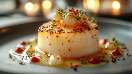close-up of an exquisite gourmet dish, beautifully plated and illuminated by soft bokeh lights of an elegant restaurant in the background, exuding sophistication and culinary artistry