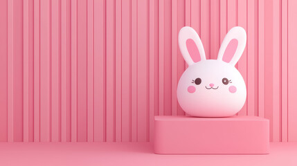 Obraz premium Cute white bunny toy on a pink pedestal against a striped pink background, perfect for children's products or nursery decor.