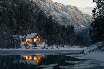 Obraz premium A cozy cabin nestled in the snow-covered mountains of British Columbia, Canada, with reflections on still water at twilight