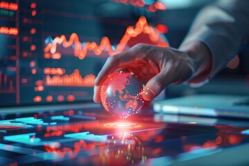 Hand Holding Digital Globe Over Financial Chart Display Symbolizing Global Market Analysis and Economic Data