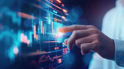 Finger Pointing at Digital Financial Chart Interface Showing Stock Market Analysis and Data Visualization