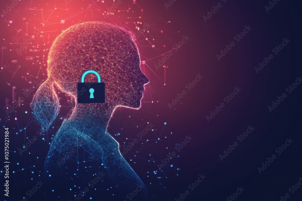 Fototapete A silhouette is depicted with a lock symbol on a vibrant digital background, emphasizing the importance of privacy in AI technology. Generative AI