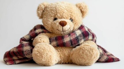 Obraz premium A Plush Teddy Bear Wrapped in a Plaid Blanket