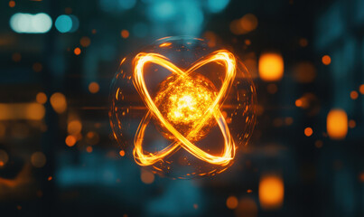 A glowing atom symbolizing the concept of nuclear energy with a blurred background