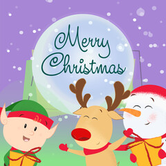 Merry Christmas flyer design. Cute snowman, elf with gift and reindeer having fun. Snow in background. Template can be used for banners, posters, postcards