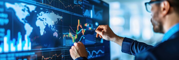 Business analyst pointing at global financial data on a large digital screen, analyzing charts and graphs, symbolizing international market analysis.