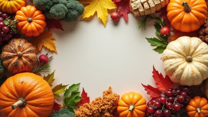 An assortment of vibrant pumpkins, fresh broccoli, and bright autumn leaves create a seasonal display that highlights the beauty of fall harvests and festive gatherings Thanksgiving day concept