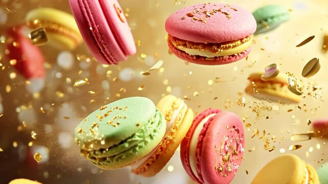 A close up of four different colored macarons