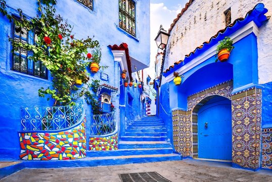 Chefchaouen, Maroc. Escalier bleu et mur d&eacute;cor&eacute; de pots de fleurs color&eacute;s, destination de voyage pour l'Afrique du Nord.