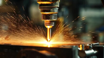A metal cutting machine cuts through a piece of metal, sending sparks flying in a factory setting