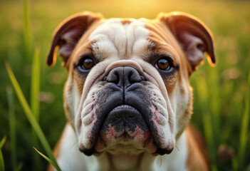 Fototapeta premium Charming Bulldog in Sunlit Field at Golden Hour
