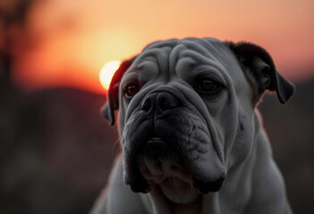 Obraz premium Close-Up of a Bulldog Against a Colorful Sunset Background