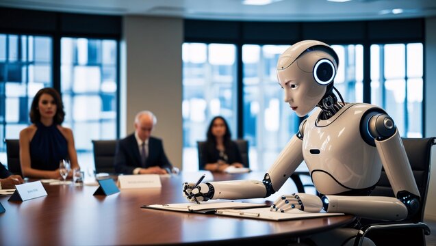 A humanoid robot is seated at a conference table, actively taking notes while human executives observe. The setting features large windows and a contemporary design