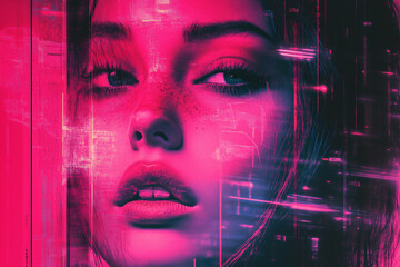 Futuristic Portrait with Neon Glitch Effect and Digital Aesthetic. Generative Ai.